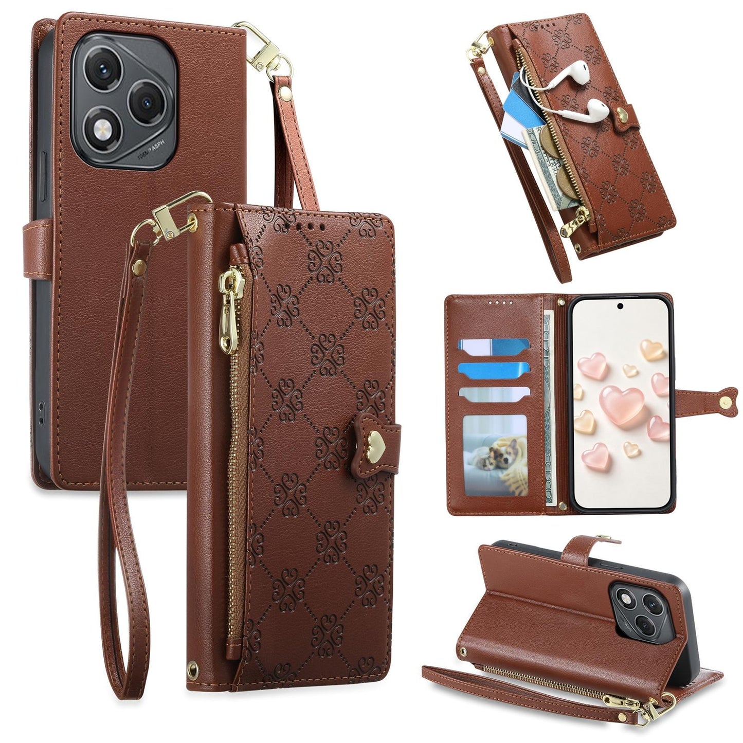 For Honor 400 Lite Global Zipper Wallet Heart Buckle Vegan Leather Phone Case with Wrist Strap(Brown)
