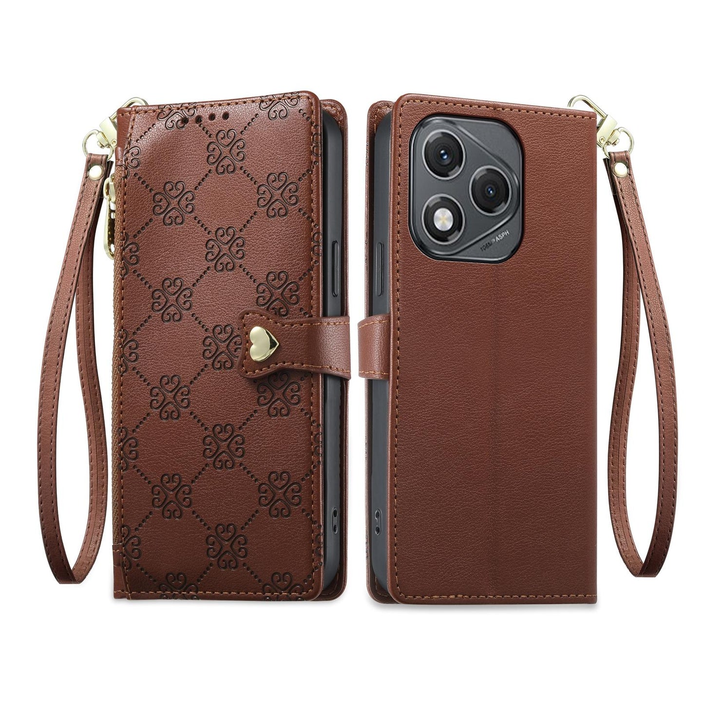 For Honor 400 Lite Global Zipper Wallet Heart Buckle Vegan Leather Phone Case with Wrist Strap(Brown)