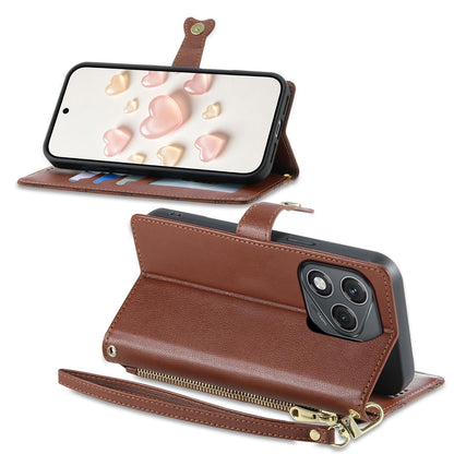 For Honor 400 Lite Global Zipper Wallet Heart Buckle Vegan Leather Phone Case with Wrist Strap(Brown)