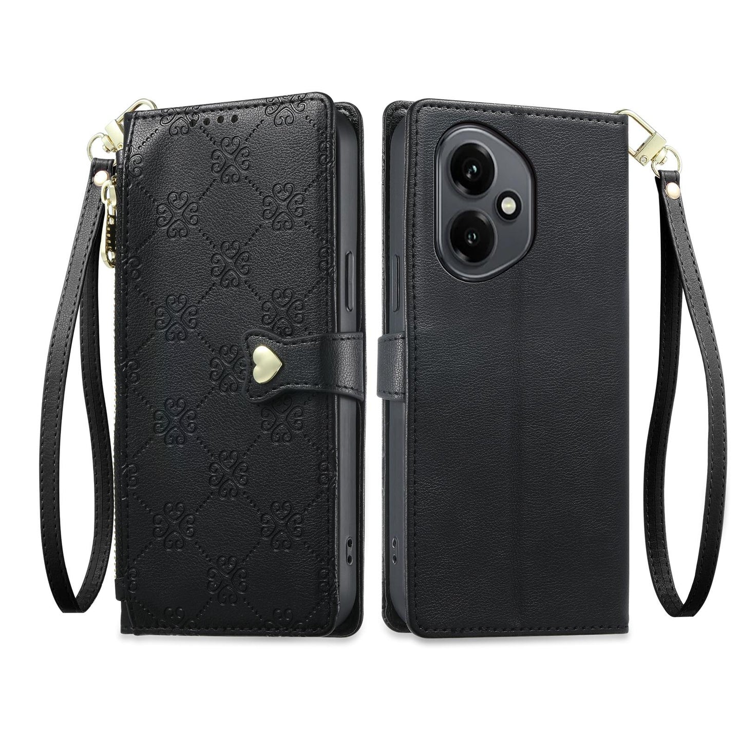 For Honor 400 Global 156.5mm Zipper Wallet Heart Buckle Vegan Leather Phone Case with Wrist Strap(Black)