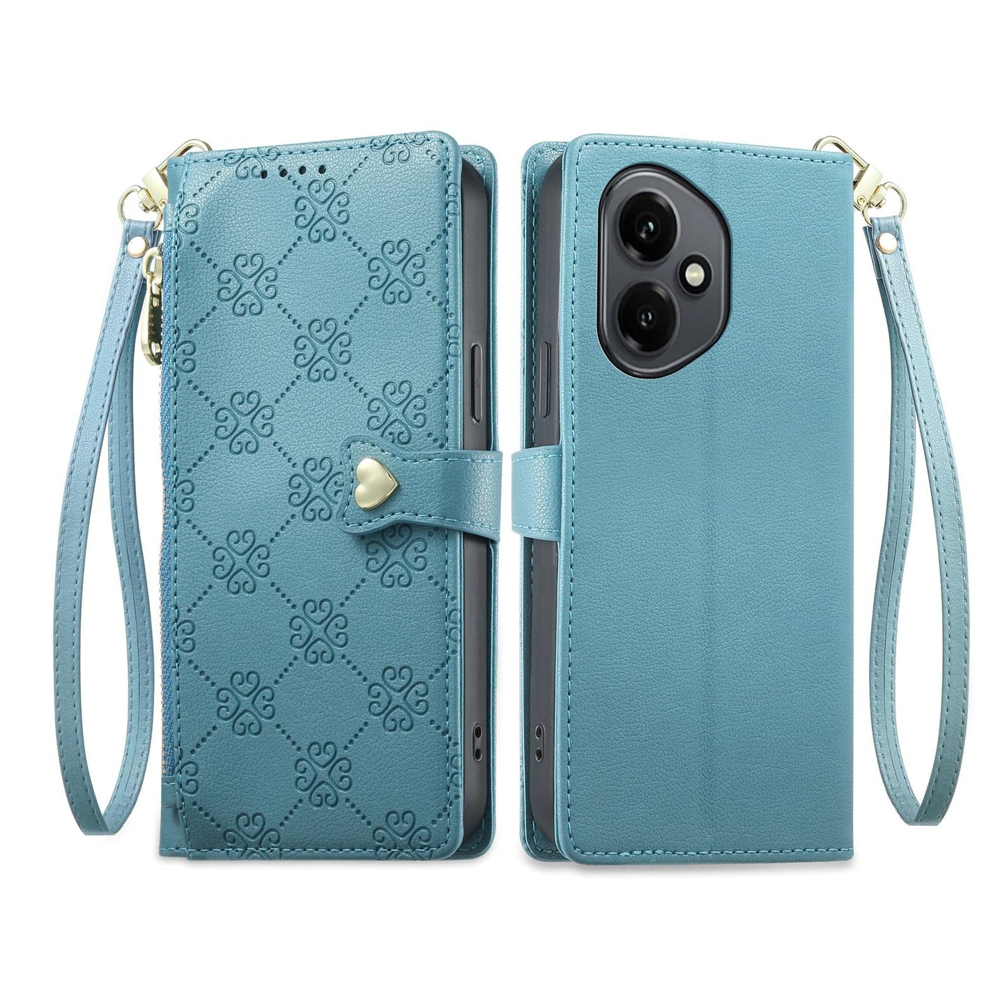 For Honor 400 Global 156.5mm Zipper Wallet Heart Buckle Vegan Leather Phone Case with Wrist Strap(Lake Blue)
