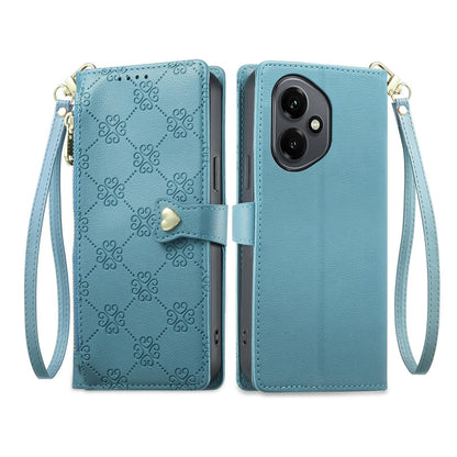 For Honor 400 Global 156.5mm Zipper Wallet Heart Buckle Vegan Leather Phone Case with Wrist Strap(Lake Blue)