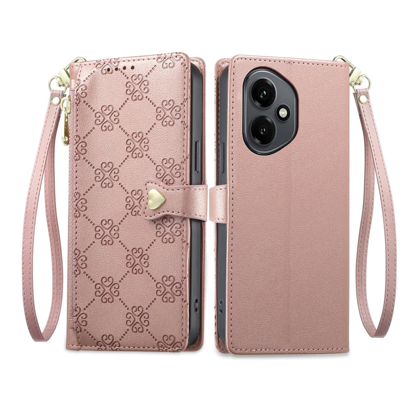 For Honor 400 Global 156.5mm Zipper Wallet Heart Buckle Vegan Leather Phone Case with Wrist Strap(Pink)
