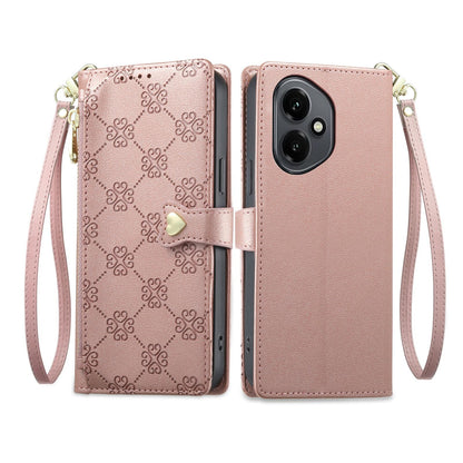 For Honor 400 Global 156.5mm Zipper Wallet Heart Buckle Vegan Leather Phone Case with Wrist Strap(Pink)