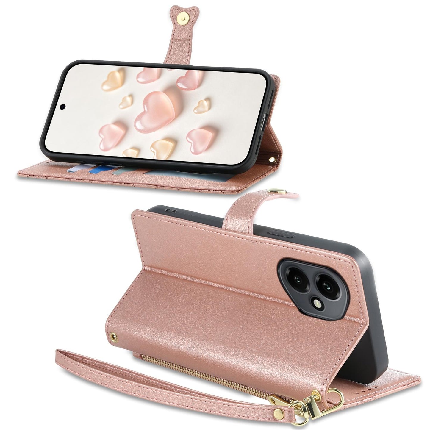 For Honor 400 Global 156.5mm Zipper Wallet Heart Buckle Vegan Leather Phone Case with Wrist Strap(Pink)