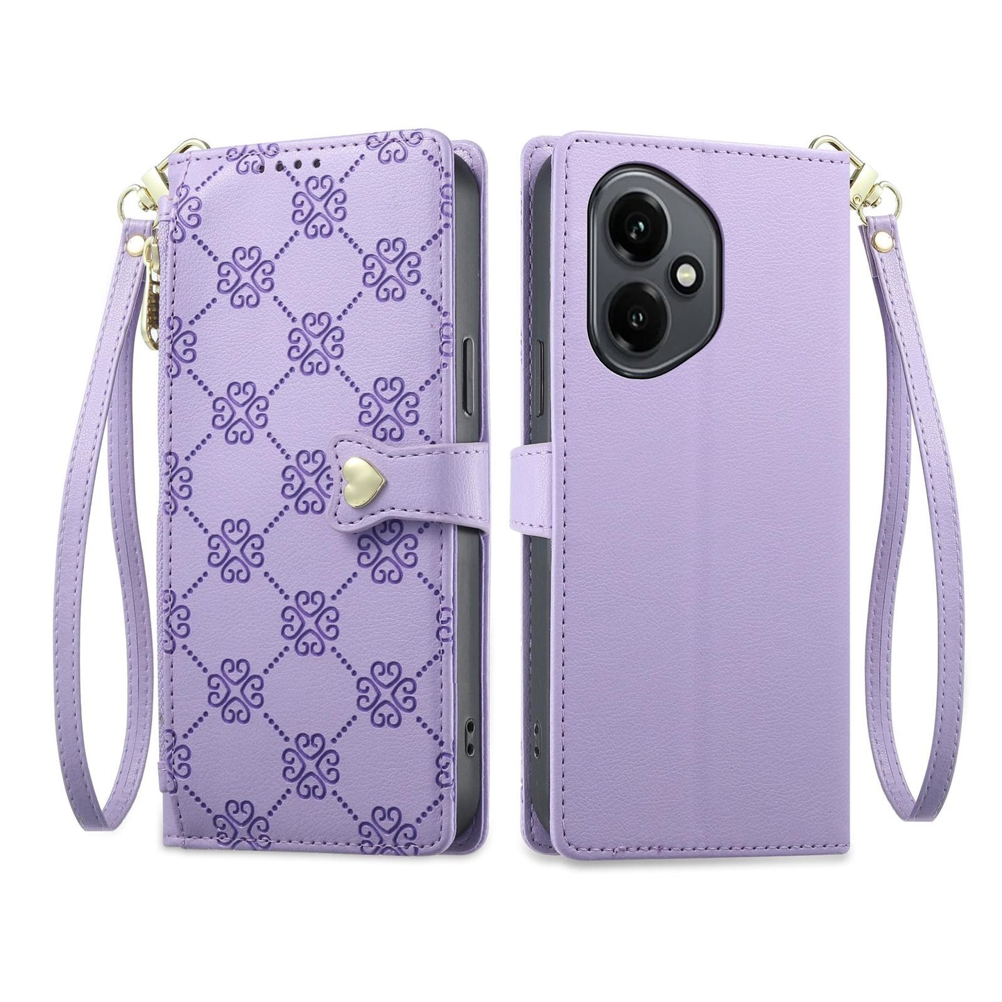 For Honor 400 Global 156.5mm Zipper Wallet Heart Buckle Vegan Leather Phone Case with Wrist Strap(Purple)