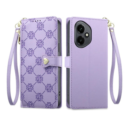 For Honor 400 Global 156.5mm Zipper Wallet Heart Buckle Vegan Leather Phone Case with Wrist Strap(Purple)