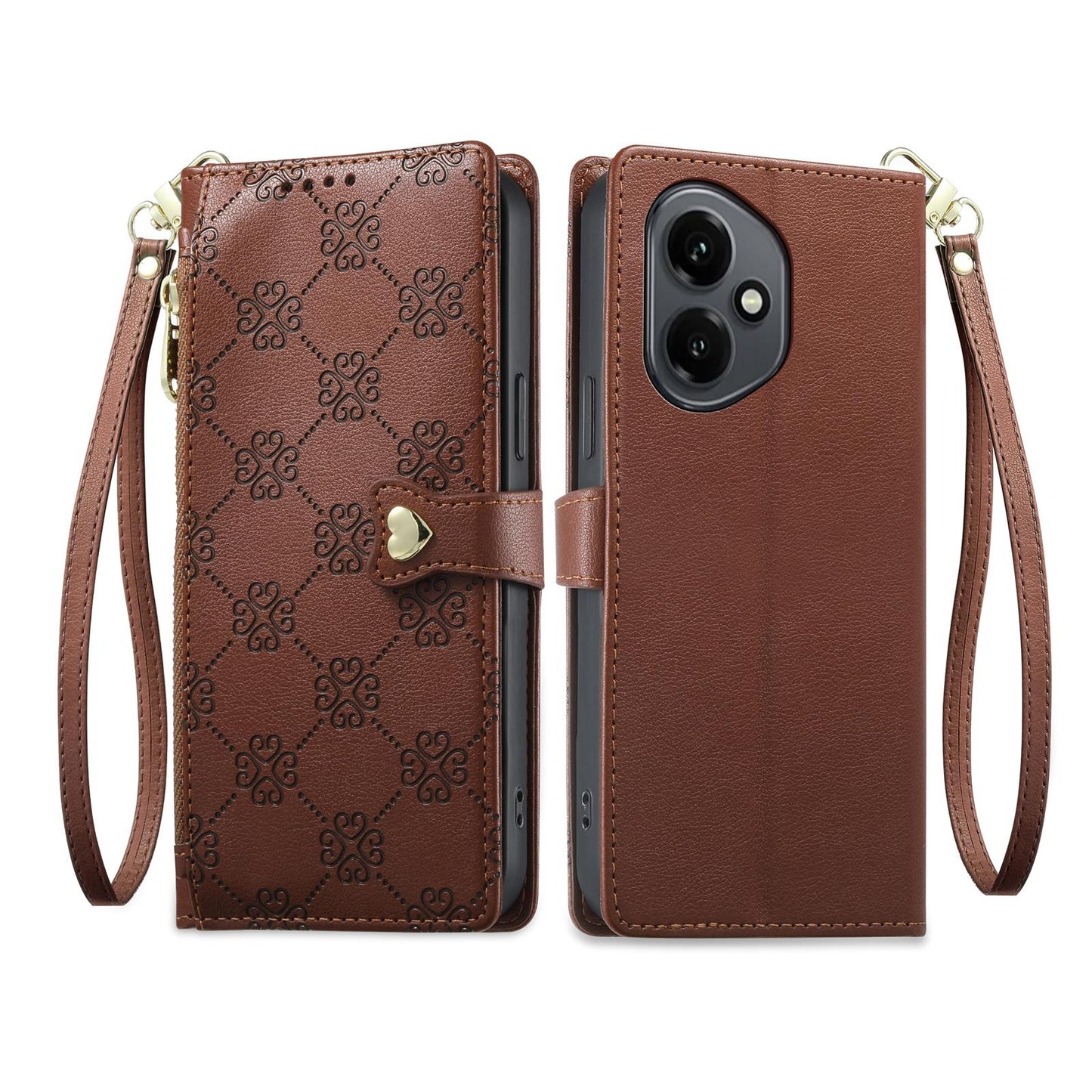 For Honor 400 Global 156.5mm Zipper Wallet Heart Buckle Vegan Leather Phone Case with Wrist Strap(Brown)