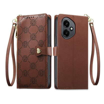 For Honor 400 Global 156.5mm Zipper Wallet Heart Buckle Vegan Leather Phone Case with Wrist Strap(Brown)