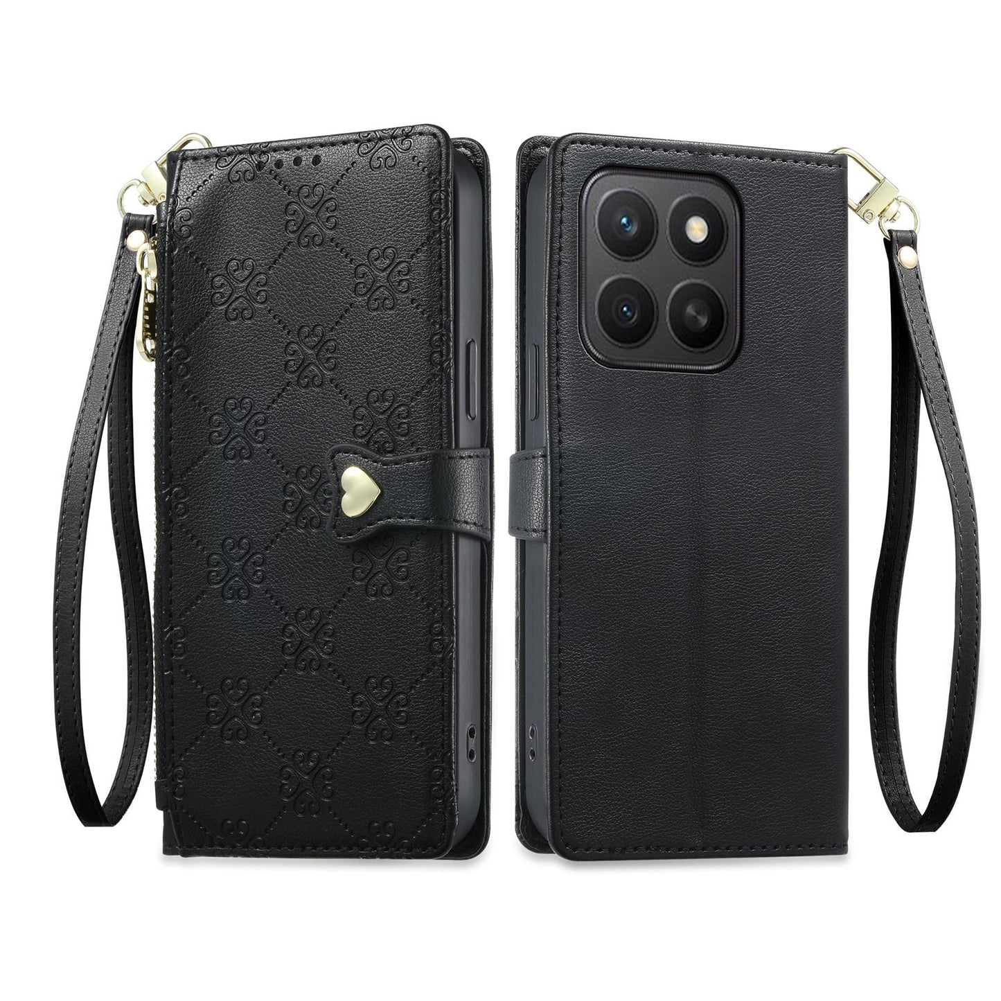 For Honor X8c 4G Zipper Wallet Heart Buckle Vegan Leather Phone Case with Wrist Strap(Black)