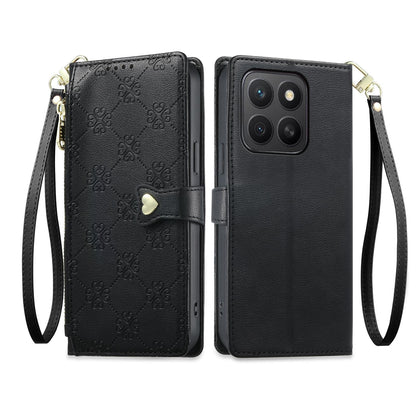 For Honor X8c 4G Zipper Wallet Heart Buckle Vegan Leather Phone Case with Wrist Strap(Black)
