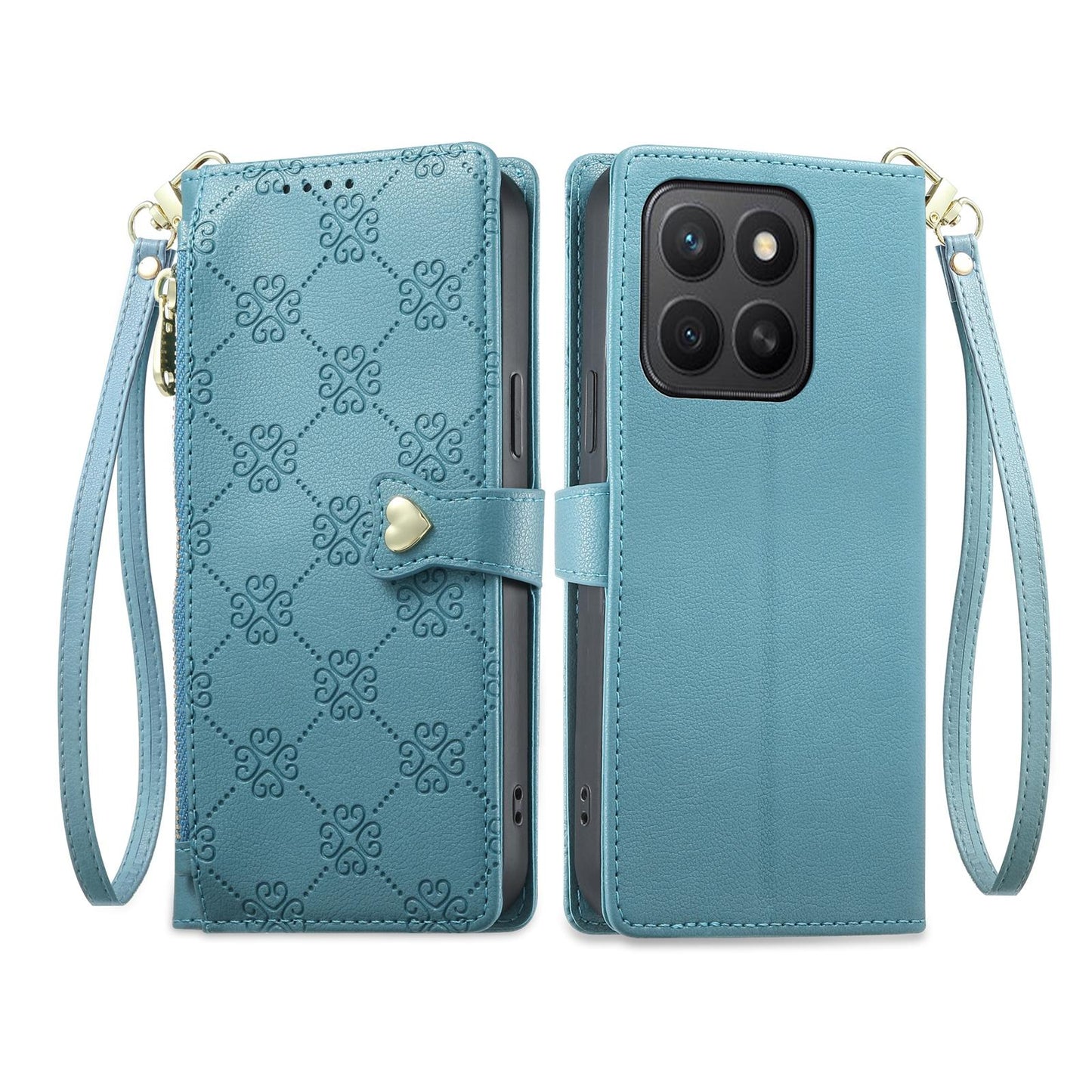 For Honor X8c 4G Zipper Wallet Heart Buckle Vegan Leather Phone Case with Wrist Strap(Lake Blue)
