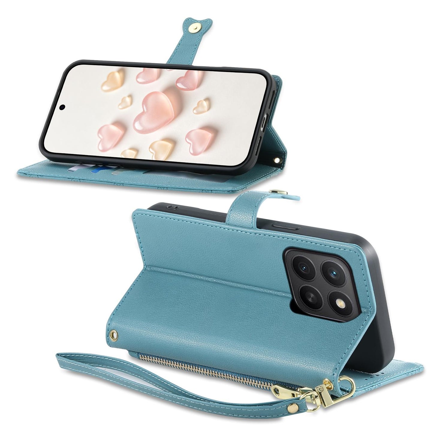 For Honor X8c 4G Zipper Wallet Heart Buckle Vegan Leather Phone Case with Wrist Strap(Lake Blue)