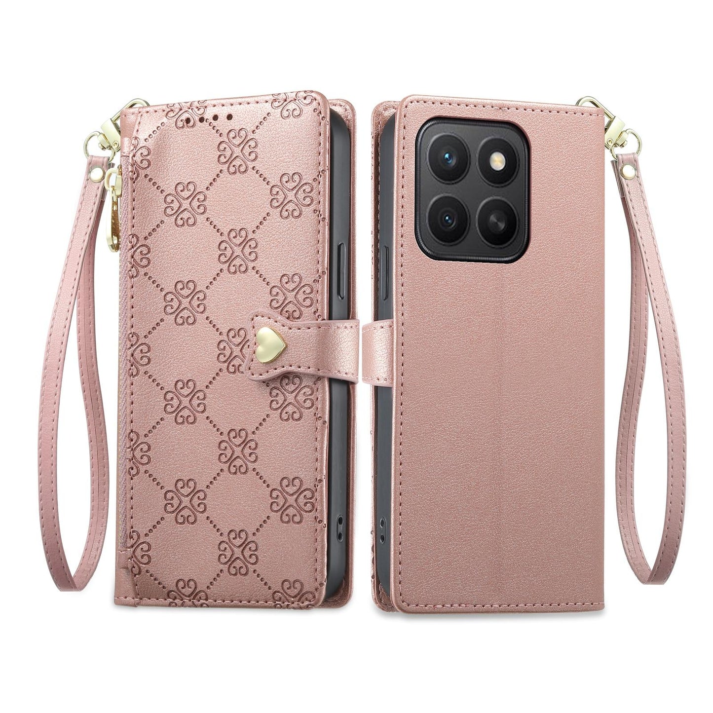 For Honor X8c 4G Zipper Wallet Heart Buckle Vegan Leather Phone Case with Wrist Strap(Pink)