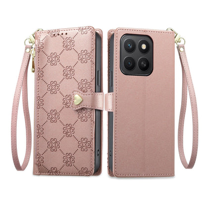 For Honor X8c 4G Zipper Wallet Heart Buckle Vegan Leather Phone Case with Wrist Strap(Pink)