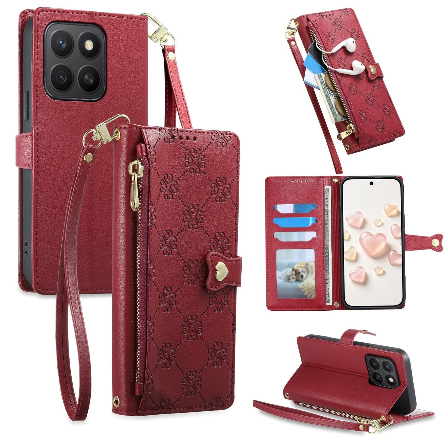 For Honor X8c 4G Zipper Wallet Heart Buckle Vegan Leather Phone Case with Wrist Strap(Red)