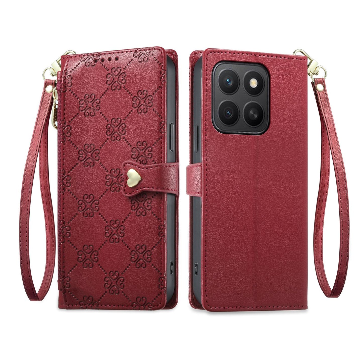 For Honor X8c 4G Zipper Wallet Heart Buckle Vegan Leather Phone Case with Wrist Strap(Red)