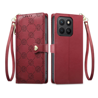For Honor X8c 4G Zipper Wallet Heart Buckle Vegan Leather Phone Case with Wrist Strap(Red)