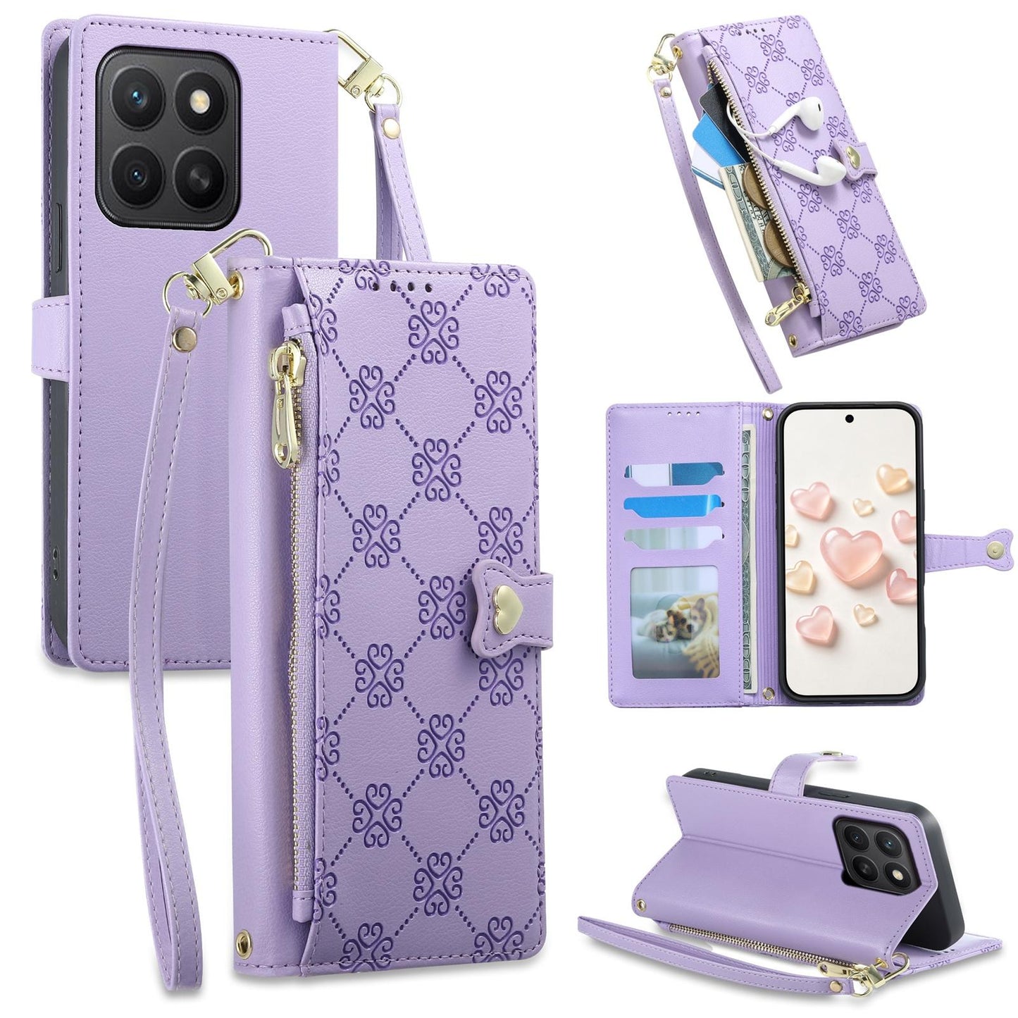 For Honor X8c 4G Zipper Wallet Heart Buckle Vegan Leather Phone Case with Wrist Strap(Purple)