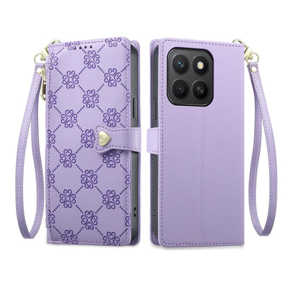 For Honor X8c 4G Zipper Wallet Heart Buckle Vegan Leather Phone Case with Wrist Strap(Purple)