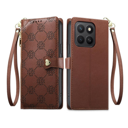 For Honor X8c 4G Zipper Wallet Heart Buckle Vegan Leather Phone Case with Wrist Strap(Brown)