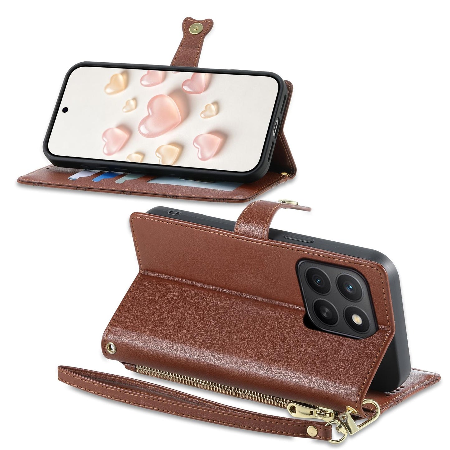 For Honor X8c 4G Zipper Wallet Heart Buckle Vegan Leather Phone Case with Wrist Strap(Brown)