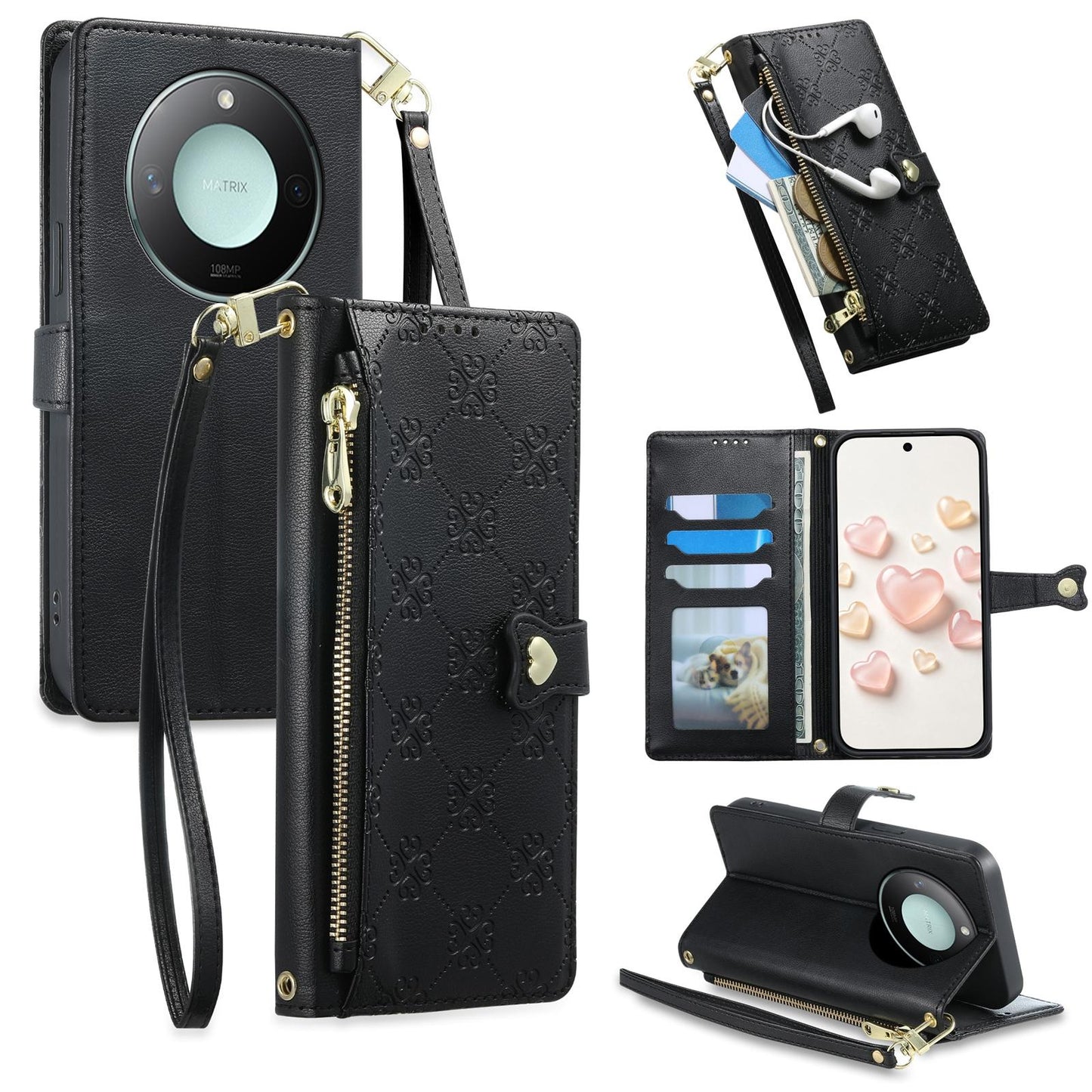 For Honor X9c Smart Zipper Wallet Heart Buckle Vegan Leather Phone Case with Wrist Strap(Black)