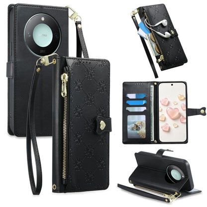 For Honor X9c Smart Zipper Wallet Heart Buckle Vegan Leather Phone Case with Wrist Strap(Black)