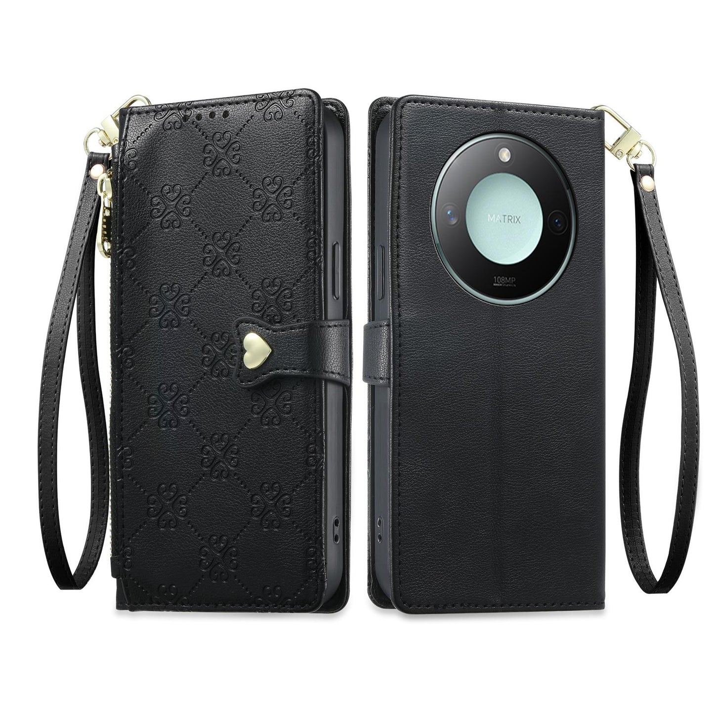For Honor X9c Smart Zipper Wallet Heart Buckle Vegan Leather Phone Case with Wrist Strap(Black)
