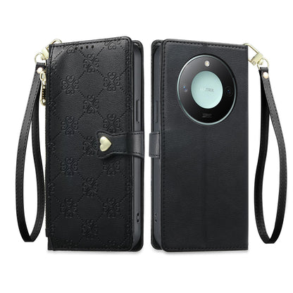 For Honor X9c Smart Zipper Wallet Heart Buckle Vegan Leather Phone Case with Wrist Strap(Black)