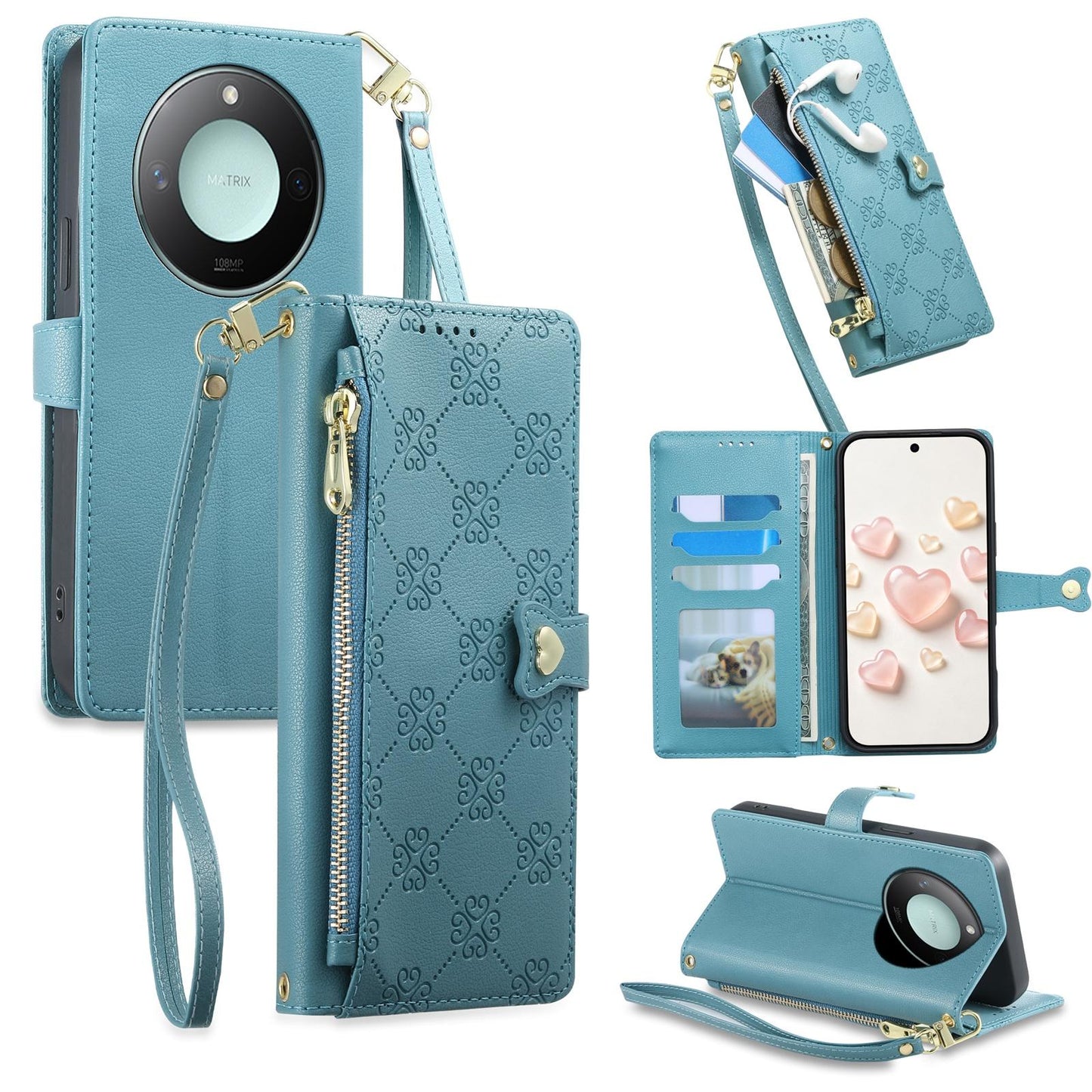 For Honor X9c Smart Zipper Wallet Heart Buckle Vegan Leather Phone Case with Wrist Strap(Lake Blue)