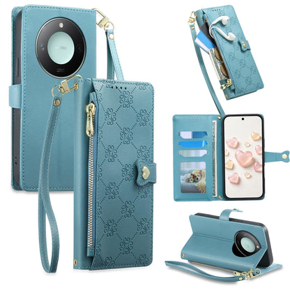 For Honor X9c Smart Zipper Wallet Heart Buckle Vegan Leather Phone Case with Wrist Strap(Lake Blue)