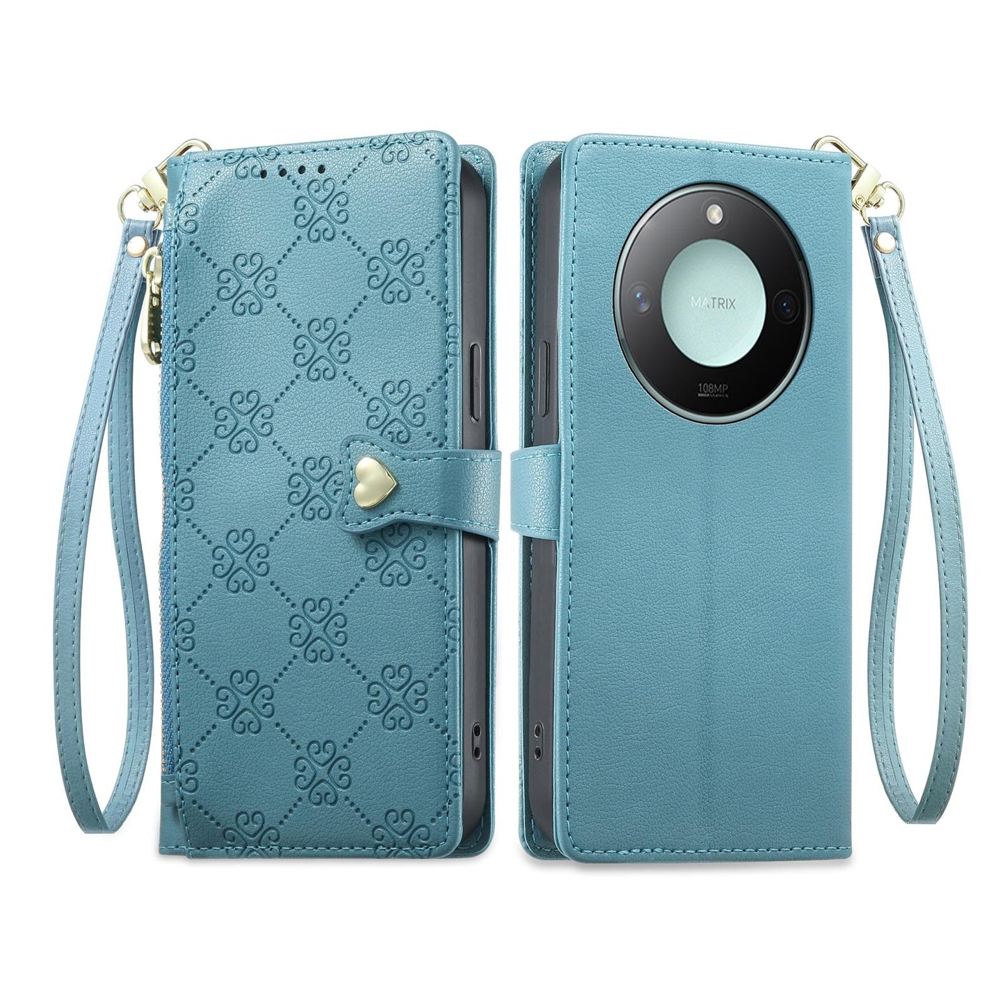 For Honor X9c Smart Zipper Wallet Heart Buckle Vegan Leather Phone Case with Wrist Strap(Lake Blue)