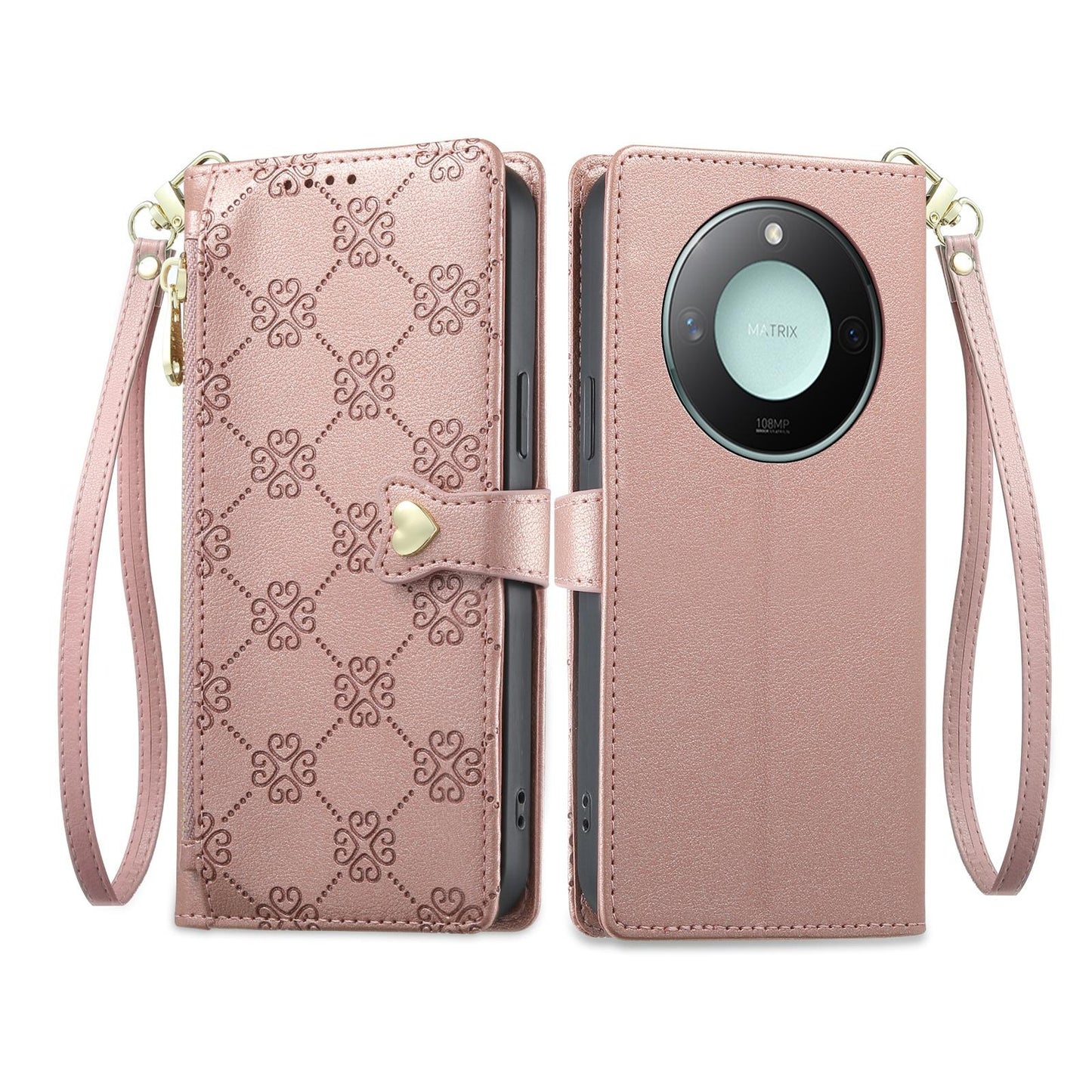 For Honor X9c Smart Zipper Wallet Heart Buckle Vegan Leather Phone Case with Wrist Strap(Pink)