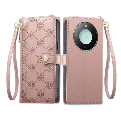 For Honor X9c Smart Zipper Wallet Heart Buckle Vegan Leather Phone Case with Wrist Strap(Pink)