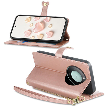 For Honor X9c Smart Zipper Wallet Heart Buckle Vegan Leather Phone Case with Wrist Strap(Pink)