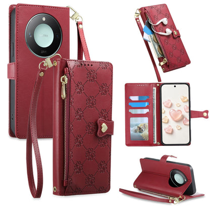 For Honor X9c Smart Zipper Wallet Heart Buckle Vegan Leather Phone Case with Wrist Strap(Red)