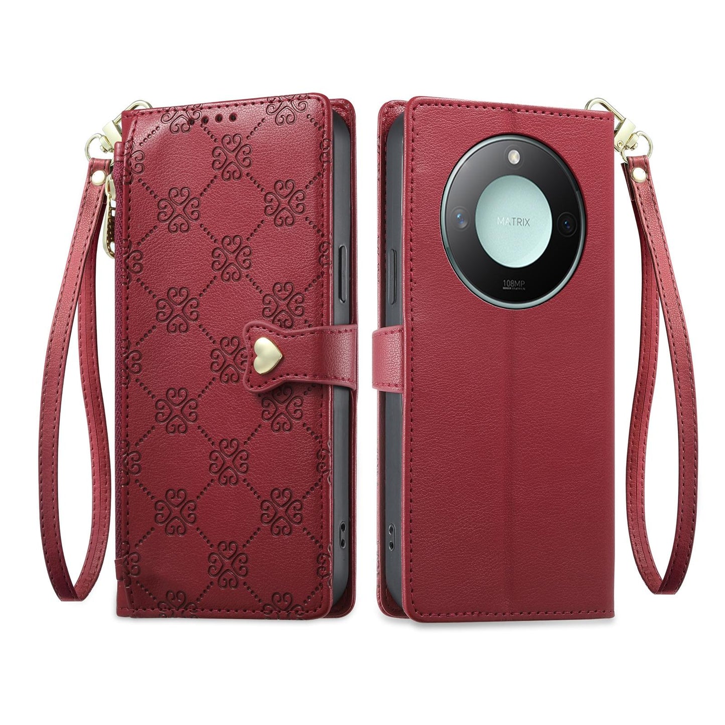 For Honor X9c Smart Zipper Wallet Heart Buckle Vegan Leather Phone Case with Wrist Strap(Red)