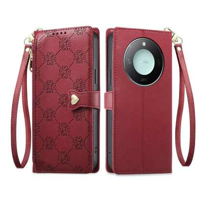 For Honor X9c Smart Zipper Wallet Heart Buckle Vegan Leather Phone Case with Wrist Strap(Red)