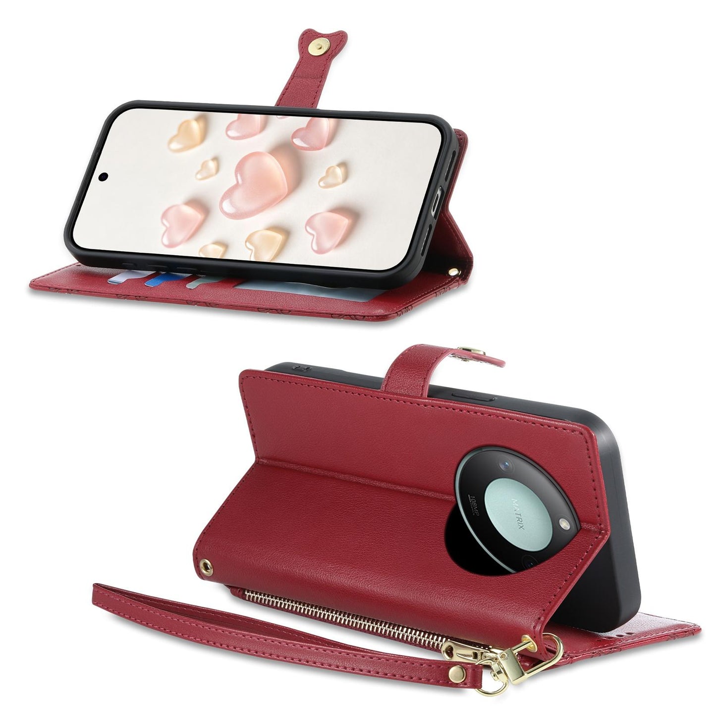 For Honor X9c Smart Zipper Wallet Heart Buckle Vegan Leather Phone Case with Wrist Strap(Red)
