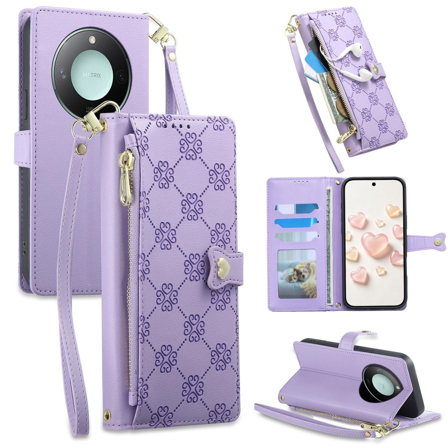For Honor X9c Smart Zipper Wallet Heart Buckle Vegan Leather Phone Case with Wrist Strap(Purple)