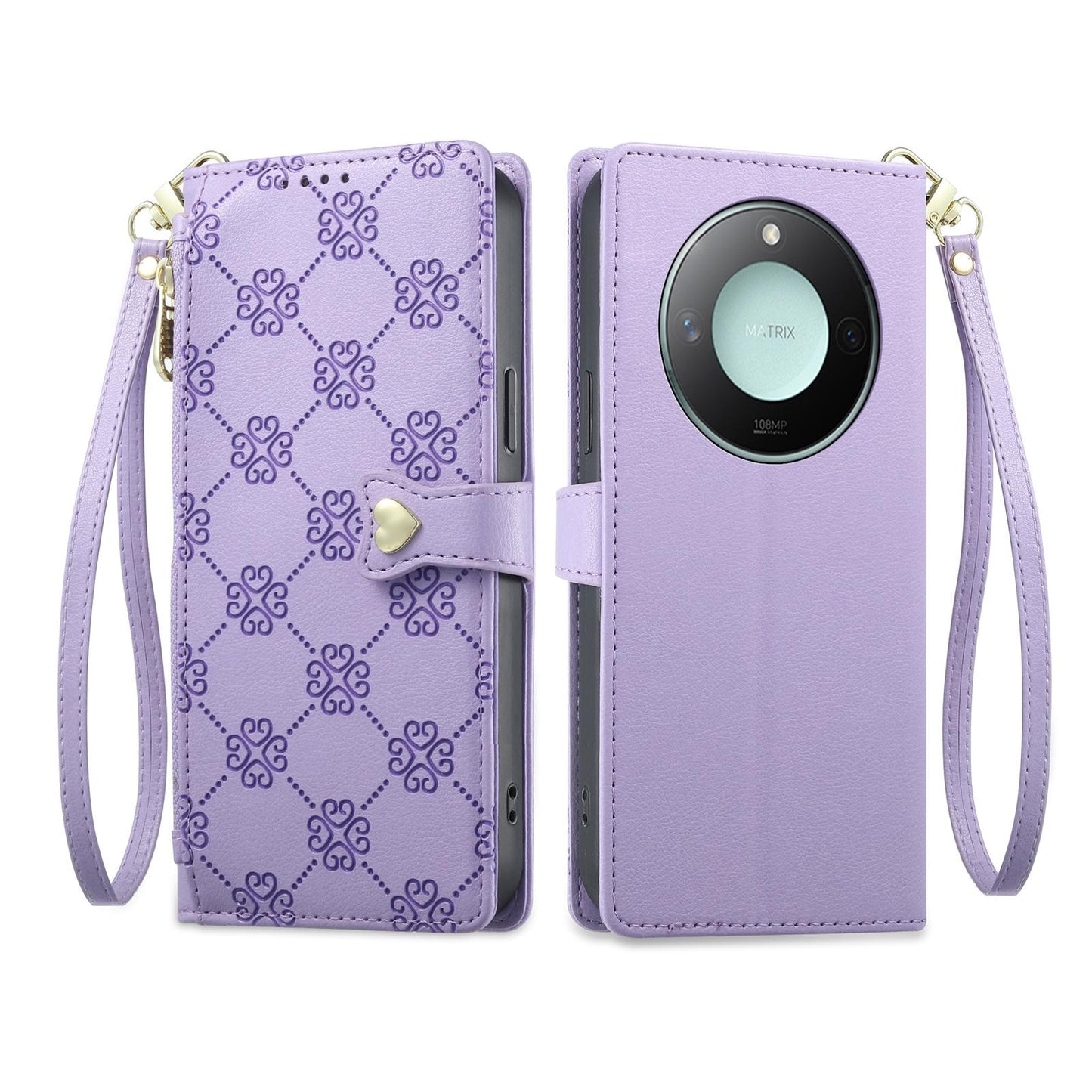 For Honor X9c Smart Zipper Wallet Heart Buckle Vegan Leather Phone Case with Wrist Strap(Purple)