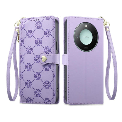 For Honor X9c Smart Zipper Wallet Heart Buckle Vegan Leather Phone Case with Wrist Strap(Purple)