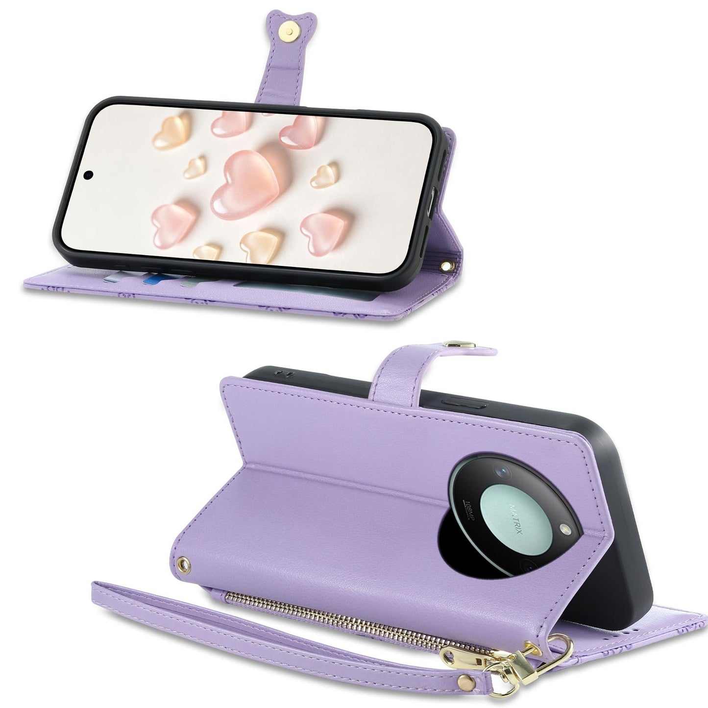 For Honor X9c Smart Zipper Wallet Heart Buckle Vegan Leather Phone Case with Wrist Strap(Purple)