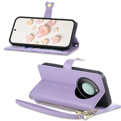 For Honor X9c Smart Zipper Wallet Heart Buckle Vegan Leather Phone Case with Wrist Strap(Purple)