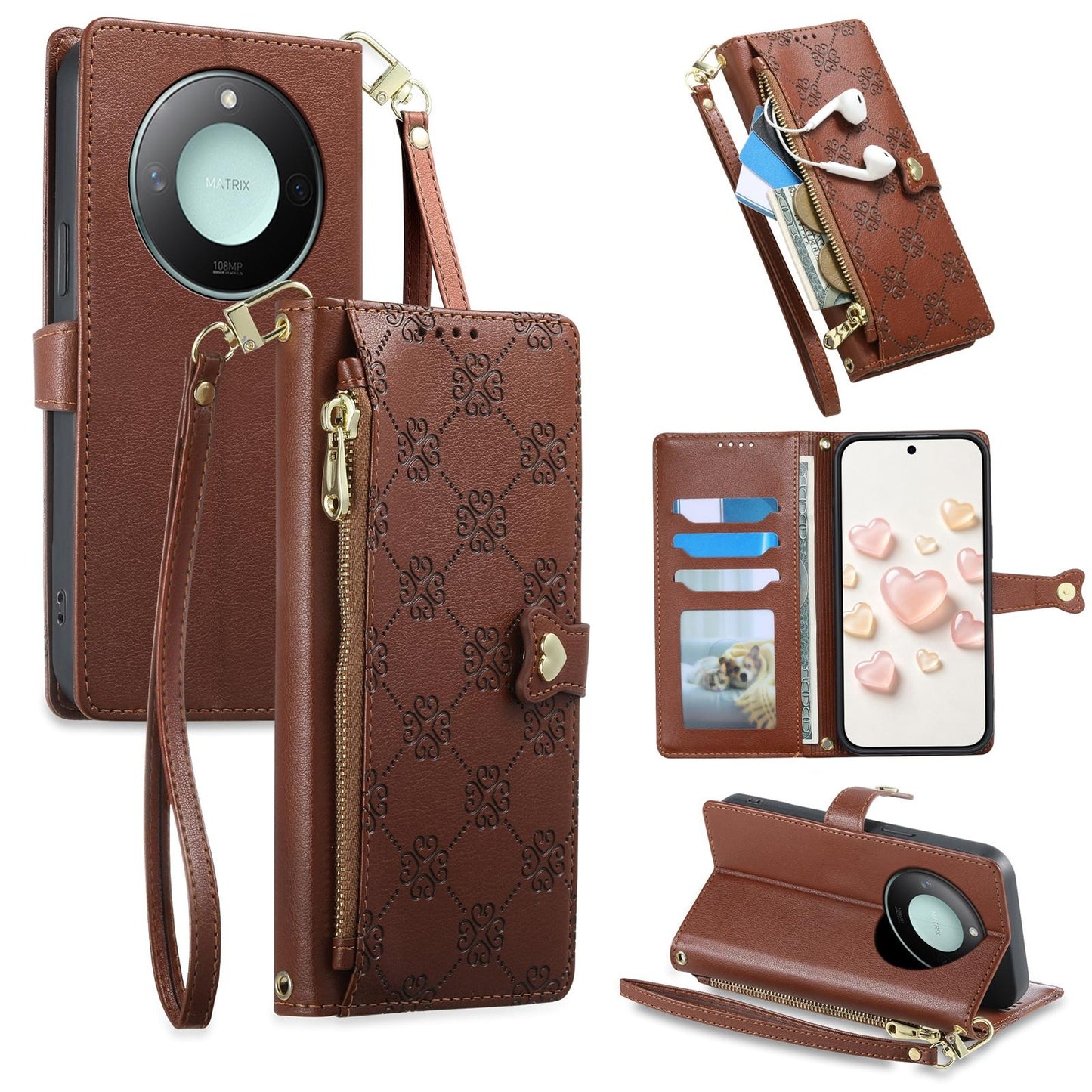 For Honor X9c Smart Zipper Wallet Heart Buckle Vegan Leather Phone Case with Wrist Strap(Brown)
