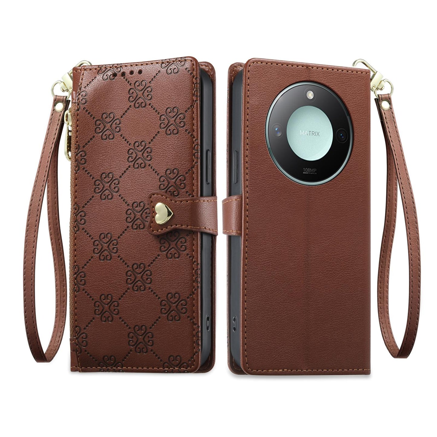 For Honor X9c Smart Zipper Wallet Heart Buckle Vegan Leather Phone Case with Wrist Strap(Brown)