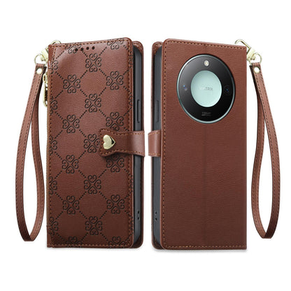 For Honor X9c Smart Zipper Wallet Heart Buckle Vegan Leather Phone Case with Wrist Strap(Brown)