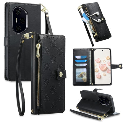 For Honor 300 Pro Zipper Wallet Heart Buckle Vegan Leather Phone Case with Wrist Strap(Black)