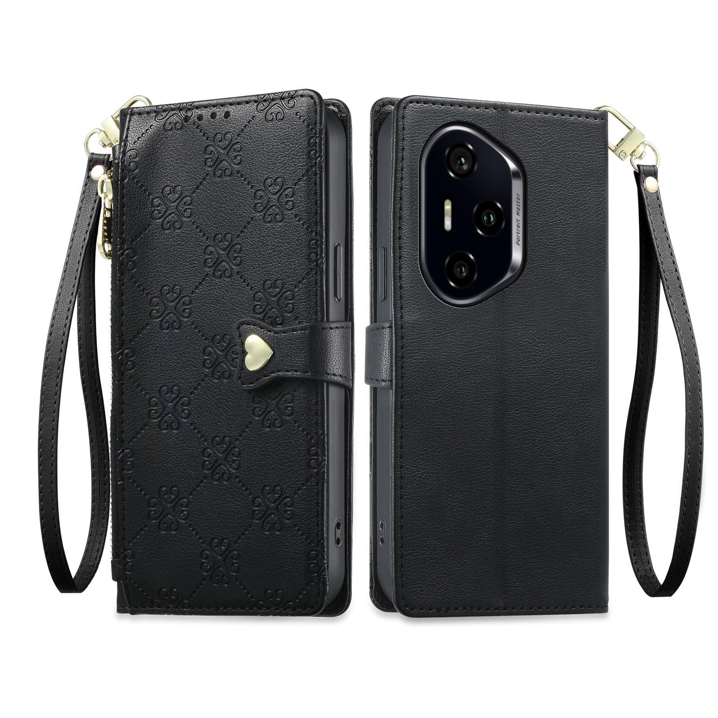 For Honor 300 Pro Zipper Wallet Heart Buckle Vegan Leather Phone Case with Wrist Strap(Black)